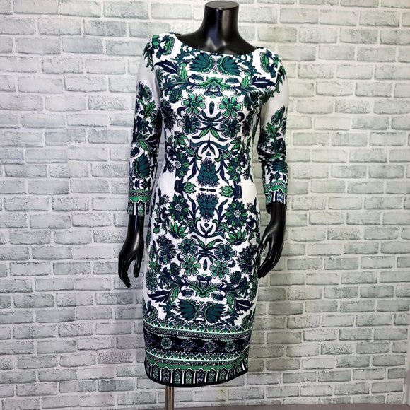 Eliza J Womens 4 Blue Green Paisley 3/4 Sleeve Crew Neck Sheath Dress - Picture 1 of 9